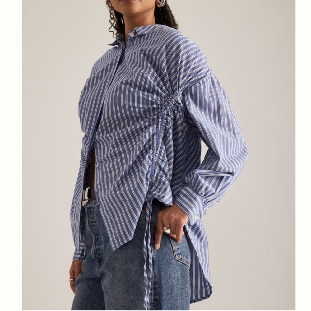 Anthropologie Ruched Drawstring Blue & White Striped Blouse